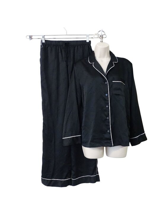 Victoria's Secret Other - Victorias Secret 2 pc Black Pajama Set Satin Logo Jacquard Size XS Long Sleeve